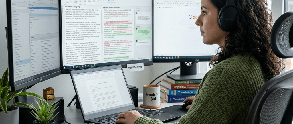Person working at a desk with four monitors, editing and reviewing text
